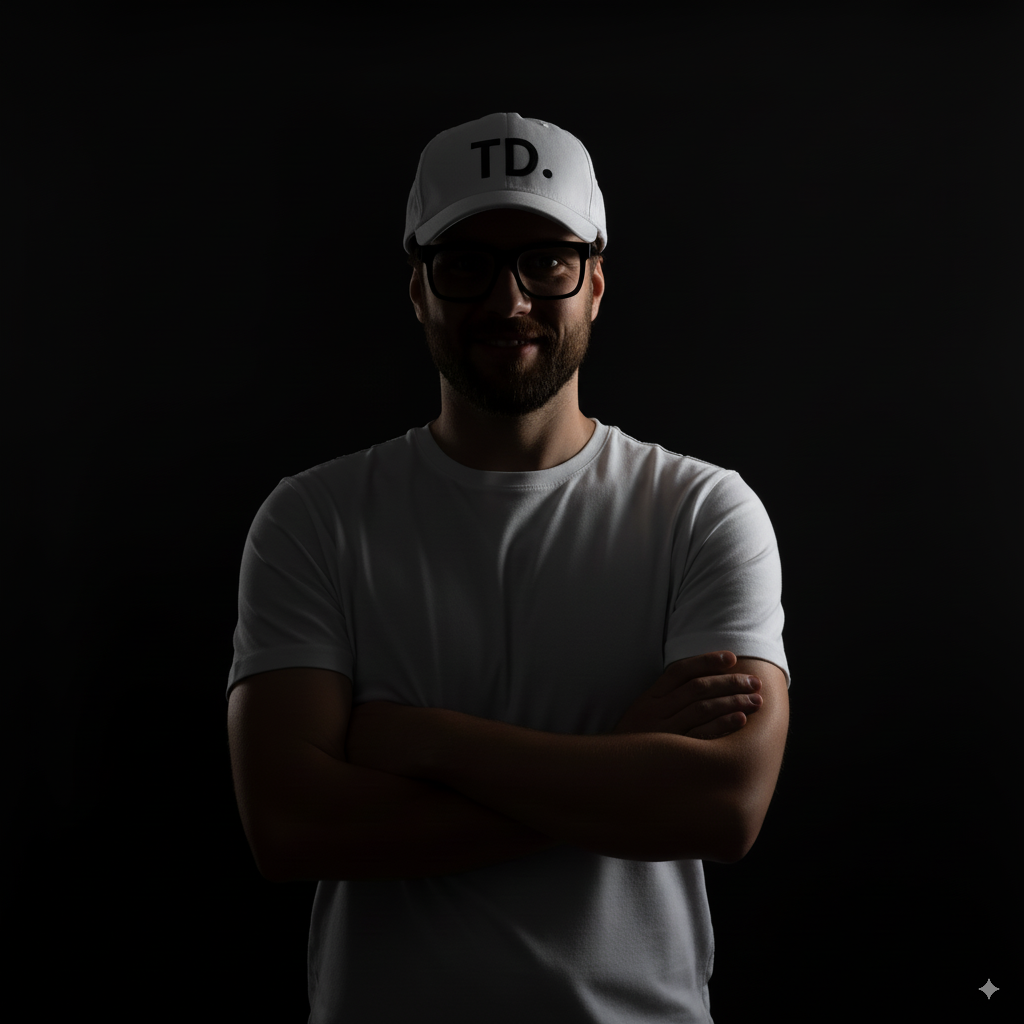 En man med vit keps där det står TD och med en vit t-shirt står med armarna i kors. Ser nöjd och belåten ut. Han står mot svart bakgrund och delvis i skuggan.